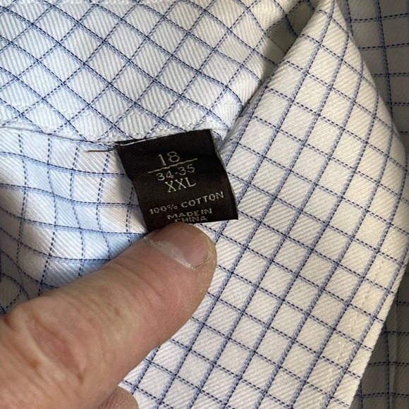 Tasso Elba Mens XXL 18 34-35 Dress Shirt White Blue Grid Check Cotton Long Slv - Picture 3 of 7